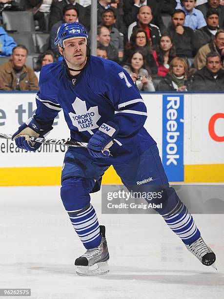 Ian White of the Toronto Maple Leafs skates during the game against the Los Angeles Kings on January 26, 2010 at the Air Canada Centre in Toronto,...