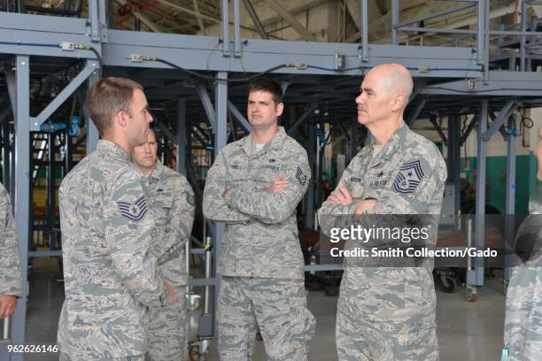 Director of the Air National Guard Lt Gen L Scott Rice and Command Chief of the Air National Guard Ronald Andersen speaking with Airmen of the 165th...
