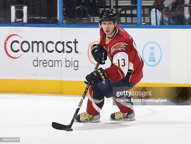 Slava Kozlov of the Atlanta Thrashers carries the puck against the Carolina Hurricanes at Philips Arena on January 21, 2010 in Atlanta, Georgia.