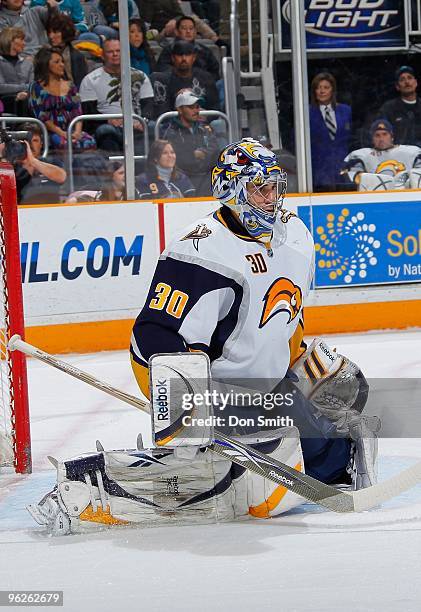 Ryan Miller of the Buffalo Sabres keeps his eyes on the puck during an NHL game against the San Jose Sharks on January 23, 2010 at HP Pavilion at San...