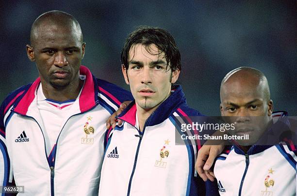 France and Arsenal trio Patrick Vieira, Robert Pires and Sylvain Wiltord line up before the FIFA Confederations Cup Final against Japan played at the...