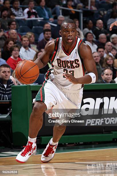 Jodie Meeks of the Milwaukee Bucks drives against the Minnesota Timberwolves during the game on January 23, 2010 at the Bradley Center in Milwaukee,...