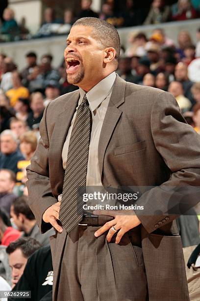 Head coach Eddie Jordan of the Philadelphia 76ers calls out during the game against the Indiana Pacers on January 23, 2010 at Conseco Fieldhouse in...