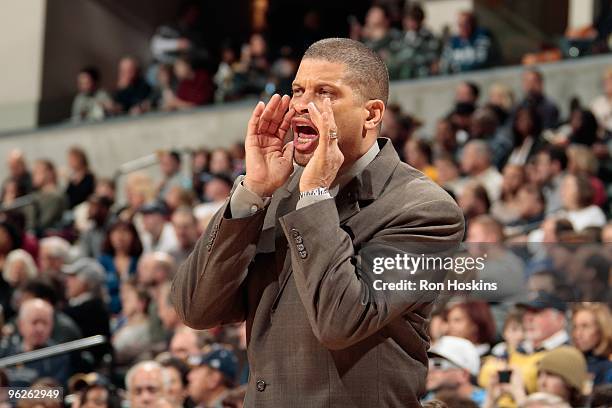 Head coach Eddie Jordan of the Philadelphia 76ers calls out during the game against the Indiana Pacers on January 23, 2010 at Conseco Fieldhouse in...