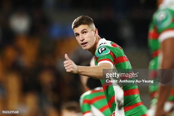 Adam Doueihi of the Rabbitohs reacts during the round 12 NRL match between the New Zealand Warriors and the South Sydney Rabbitohs at Mt Smart...