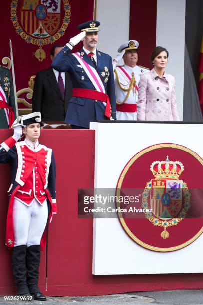 King Felipe VI of Spain and Queen Letizia of Spain attend the Armed Forces Day on May 26, 2018 in Logrono, Spain.