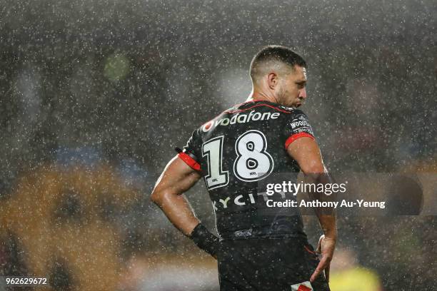 Gerard Beale of the Warriors looks on during the round 12 NRL match between the New Zealand Warriors and the South Sydney Rabbitohs at Mt Smart...