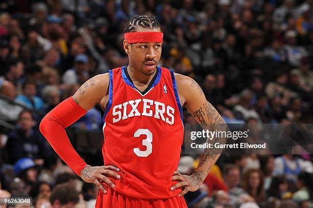 Allen Iverson of the Philadelphia 76ers stands on the court during the game against the Denver Nuggets on January 3, 2010 at the Pepsi Center in...