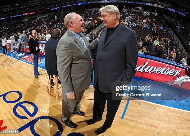 Head coach George Karl of the Denver Nuggets greets head coach Don Nelson of the Golden State Warriors prior to the game at Pepsi Center on January...