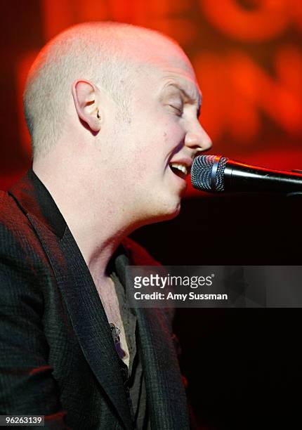 Musician Issac Slade of The Fray performs at the Music Preservation Project "Cue The Music" held at the Wilshire Ebell Theatre on January 28, 2010 in...