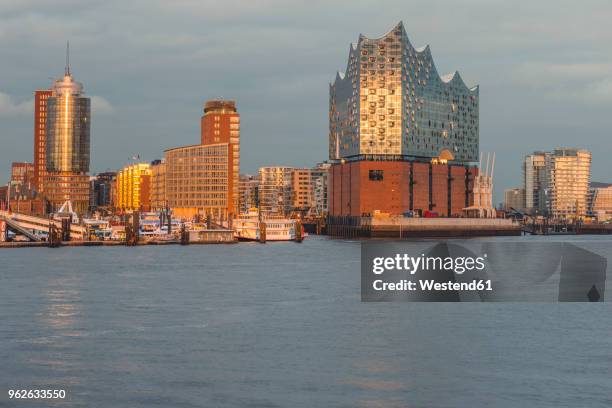 germany, hamburg, harbour and elbe philharmonic hall in the evening light - elbphilharmonie stock pictures, royalty-free photos & images