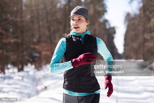 portrait of young woman jogging in winter forest - winter sport stock-fotos und bilder