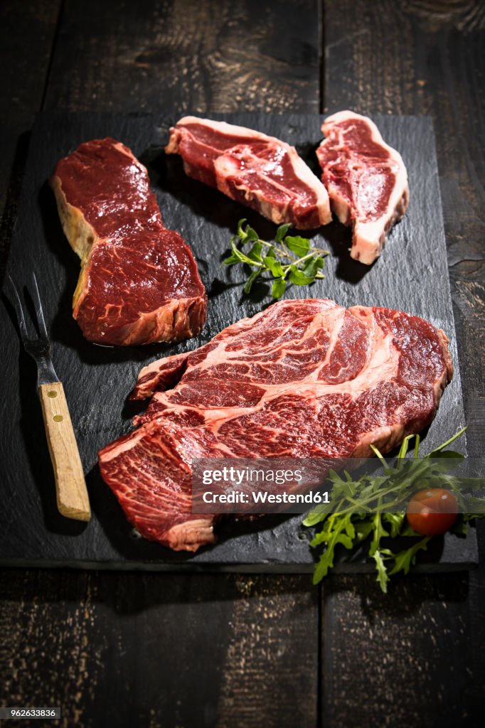 Raw meat, roast beef , american chuck eye steak and lamb chop