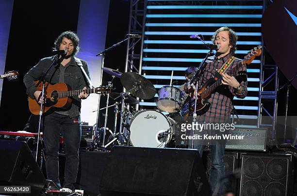 Musicians Jeff Tweedy and John Stirratt of the music group Wilco at the 2010 MusiCares person of the year tribute To Neil Young rehearsals held at...