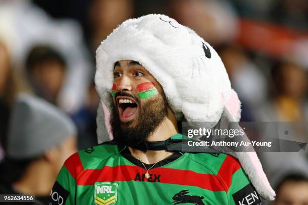 Of Rabbitohs fans showing support during the round 12 NRL match between the New Zealand Warriors and the South Sydney Rabbitohs at Mt Smart Stadium...