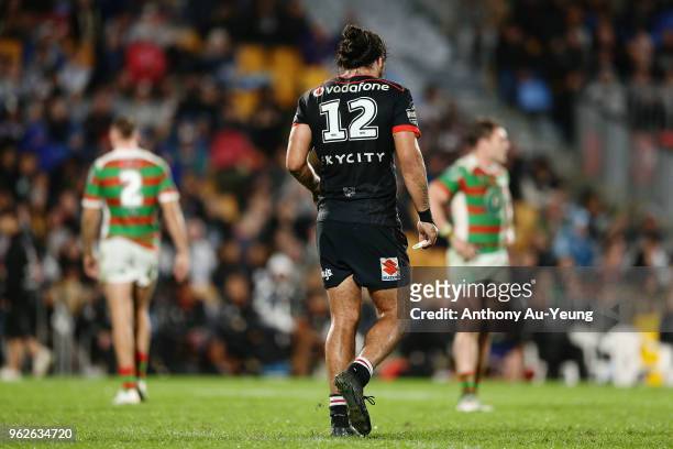 Tohu Harris of the Warriors walks off the field after being sent off by the Referee during the round 12 NRL match between the New Zealand Warriors...