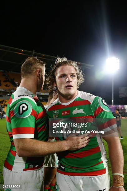 George Burgess and Tom Burgess of the Rabbitohs congratulate each other after winning the round 12 NRL match between the New Zealand Warriors and the...