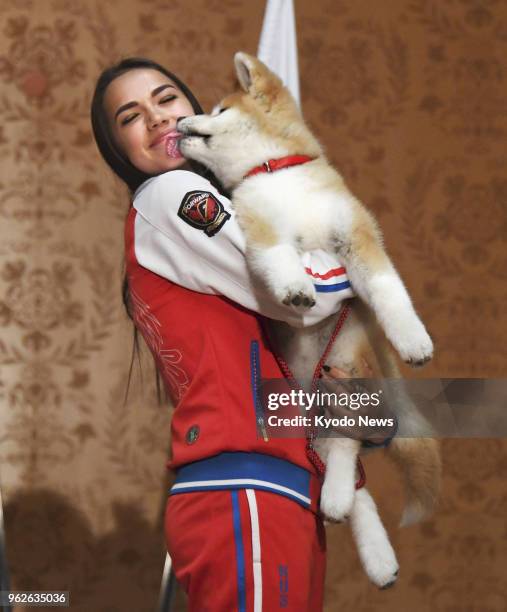 Russian Olympic figure skating champion Alina Zagitova holds an Akita puppy she received from a group preserving the Japanese dog breed, at a...