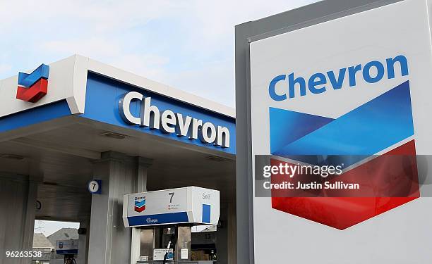 The Chevron logo is displayed at a Chevron gas station January 29, 2010 in Alameda, California. Chevron reported a 37 percent decline in fourth...