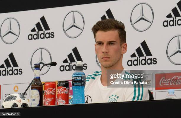 Leon Goretzka of Germany speaks to the media at a press conference during the Southern Tyrol Training Camp day four on May 26, 2018 in Bolzano, Italy.