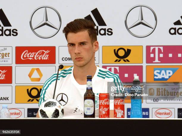 Leon Goretzka of Germany speaks to the media at a press conference during the Southern Tyrol Training Camp day four on May 26, 2018 in Bolzano, Italy.