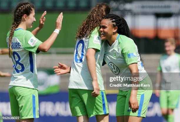 Alexia Mikrouli, Lotta Cordes and Michelle Klostermann of Wolfsburg show their delight after winning the Germany U17 Girl's Championship half final...