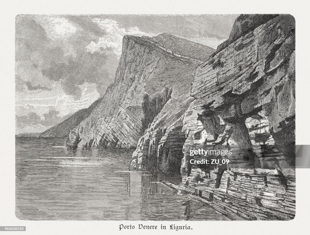 Rotsmassief van Porto Venere in Ligurië, Italië, houtgravure, 1897 gepubliceerd