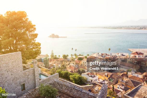 greece, peloponnese, argolis, nauplia, old town, view from akronauplia to bourtzi castle - greece city photos et images de collection