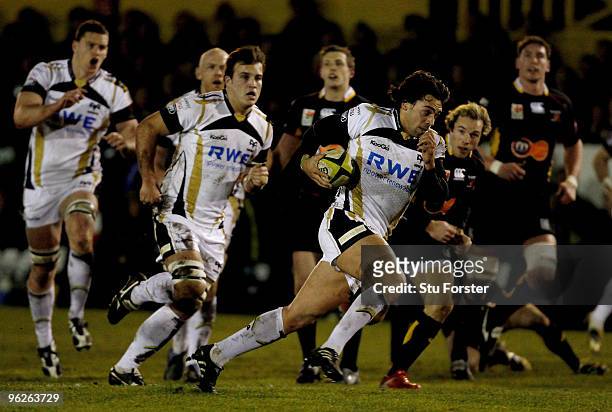 Ospreys fly half Gareth Owen breaks away to score during the LV Anglo Welsh Cup match between Newport Gwent Dragons and Opsreys at Rodney Parade on...