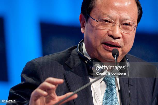 Wang Jianzhou, chairman of China Mobile Ltd., speaks during a plenary session titled "Business Leadership in the 21st Century" on day three of the...