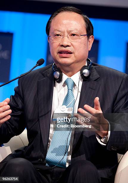 Wang Jianzhou, chairman of China Mobile Ltd., speaks during a plenary session titled "Business Leadership in the 21st Century" on day three of the...