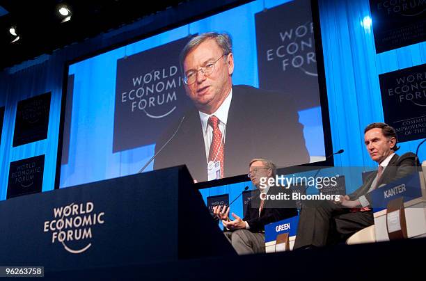 Eric Schmidt, chairman and chief executive officer of Google Inc., left, and Stephen Green, chairman of HSBC Holdings Plc, participate in a plenary...