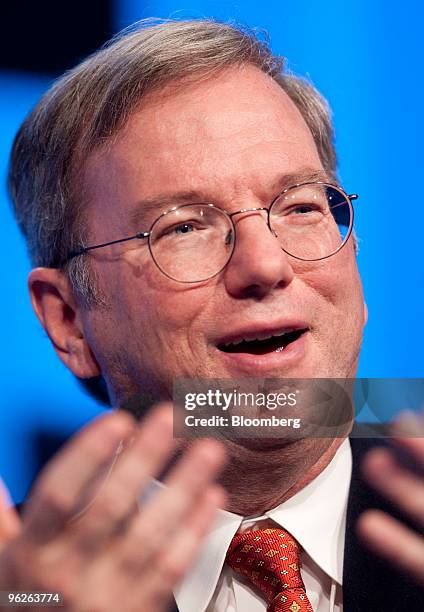 Eric Schmidt, chairman and chief executive officer of Google Inc., speaks during a plenary session titled "Business Leadership in the 21st Century"...