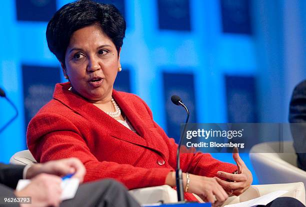 Indra Nooyi, chairman and chief executive officer of PepsiCo Inc., participates in a plenary session titled "Business Leadership in the 21st Century"...