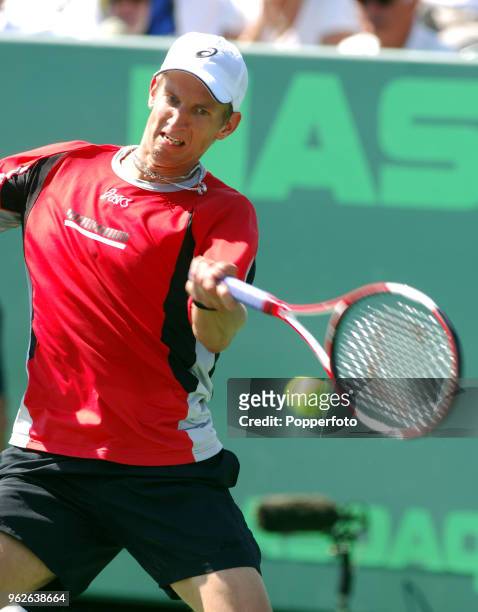 Jarkko Nieminen of Finland enroute to losing his third round match during the NASDAQ 100 Open at the Tennis Center at Crandon Park in Miami, Florida...