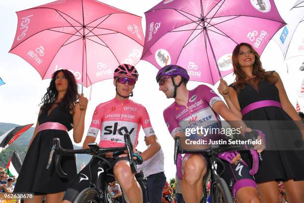 Start / Christopher Froome of Great Britain and Team Sky Pink Leader Jerset / Elia Viviani of Italy and Team Quick-Step Floors Purple Points Jersey /...