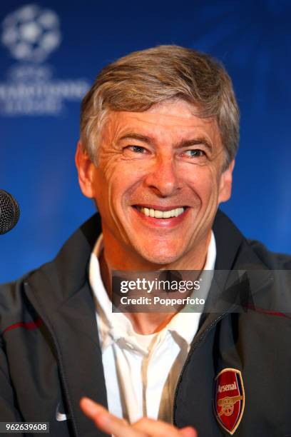 Arsenal manager Arsene Wenger smiles during the Arsenal press conference prior to the UEFA Champions League Final between Arsenal and Barcelona at...