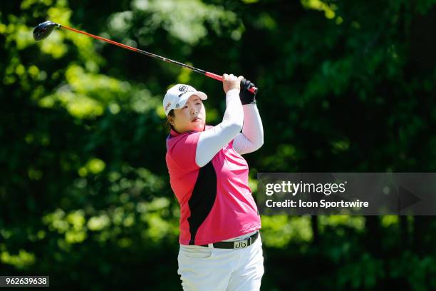 Shanshan Feng, of China, watches her tee shot on the fifth hole during the second round of the LPGA Volvik Championship on May 25, 2018 at Travis...