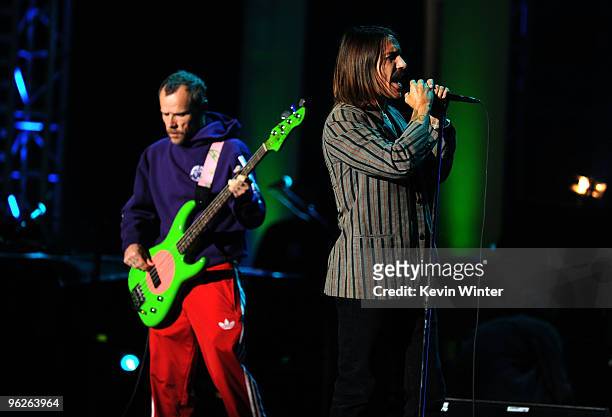 Flea and Anthony Kiedis of the Red Hot Chili Peppers at the 2010 MusiCares person of the year tribute To Neil Young rehearsals held at the Los...