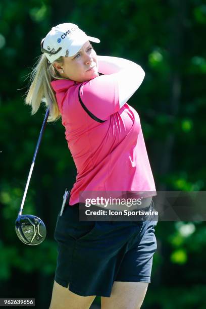 Brittany Lincicome watches her tee shot on the fifth hole during the second round of the LPGA Volvik Championship on May 25, 2018 at Travis Pointe...