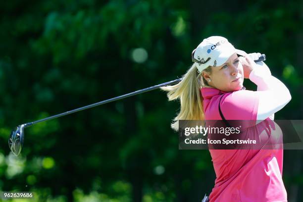 Brittany Lincicome watches her tee shot on the fifth hole during the second round of the LPGA Volvik Championship on May 25, 2018 at Travis Pointe...