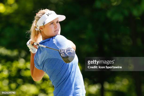Amateur Carly Booth, of Scotland, watches her tee shot on the fifth hole during the second round of the LPGA Volvik Championship on May 25, 2018 at...