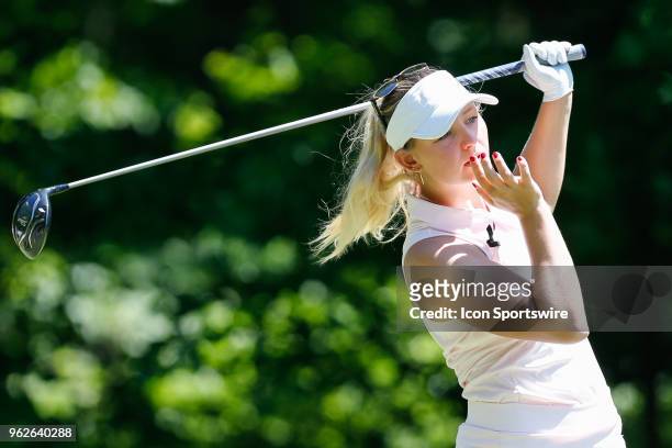 Emily K. Pedersen, of Denmark, watches her tee shot on the fifth hole during the second round of the LPGA Volvik Championship on May 25, 2018 at...
