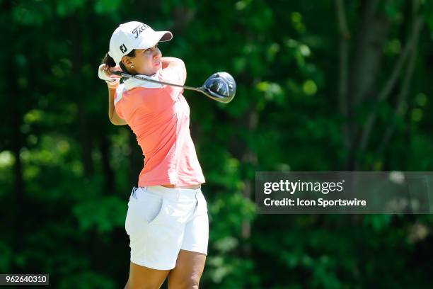 Julieta Granada, of Paraguay, watches her tee shot on the fifth hole during the second round of the LPGA Volvik Championship on May 25, 2018 at...