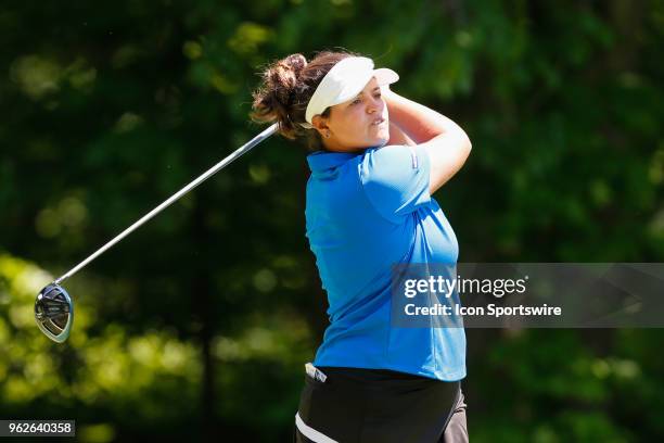 Maria Torres, of Puerto Rico, watches her tee shot on the fifth hole during the second round of the LPGA Volvik Championship on May 25, 2018 at...