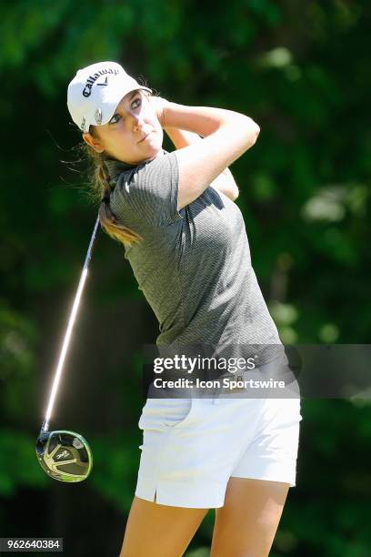 Allison Emrey watches her tee shot on the fifth hole during the second round of the LPGA Volvik Championship on May 25, 2018 at Travis Pointe Country...