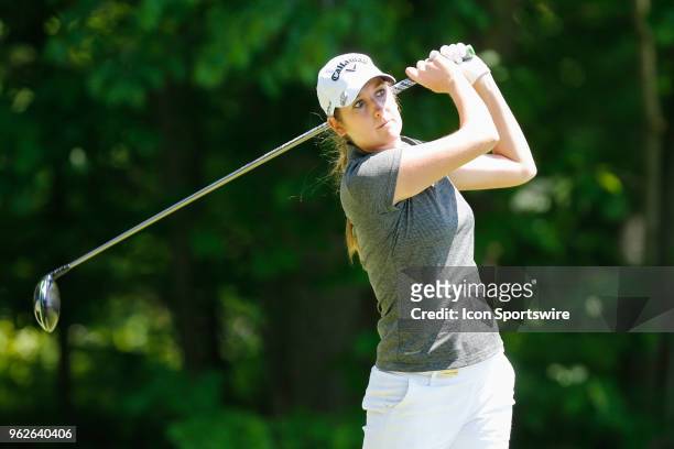 Allison Emrey watches her tee shot on the fifth hole during the second round of the LPGA Volvik Championship on May 25, 2018 at Travis Pointe Country...