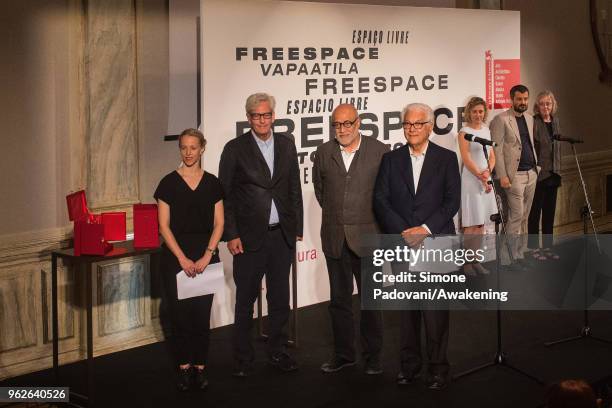 Rahul Mehrotra poses for a portrait with the President of Biennale Paolo Baratta during the award ceremony of the 16th International Architecture...