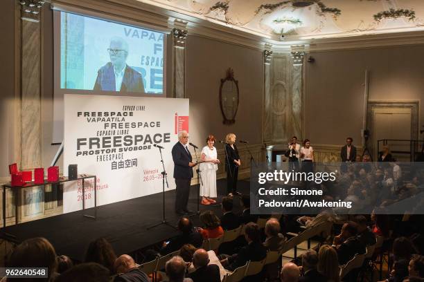 The President of Biennale Paolo Baratta and the curators of the 16th International Architecture Biennale Yvonne Farrell ans Shelley McNamara attend...