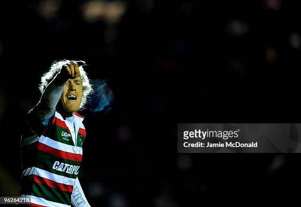Sam Vesty of Leicester Tigers shouts instructions during the LV Anglo Welsh Cup match between Leicester Tigers and Bath at Welford Road on January...